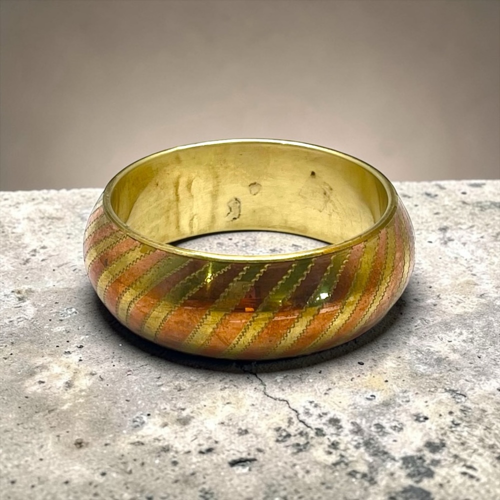 Bold Vintage Brass and Copper Bangle Bracelet Striped Design Chunky Statement
